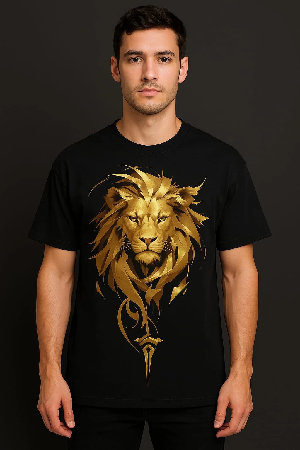 Premium Black Oversized T-Shirt – Golden Lion Artwork Print | 260 GSM Cotton Lyc